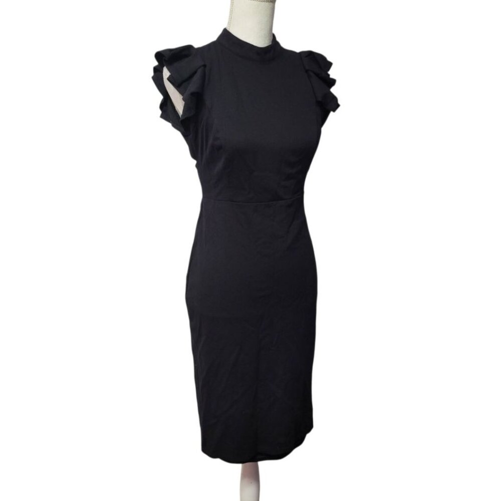Lulus Black Dress Open Back Fitted Zip Back Ruffle‎ Cap Sleeve Womens Medium